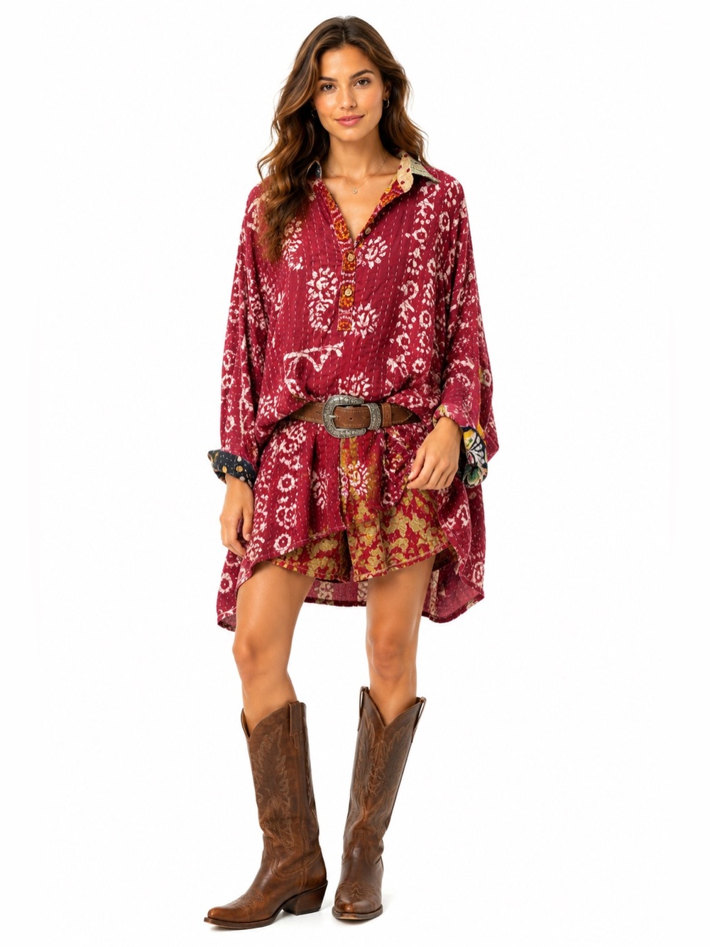 Boho Printed Long-Sleeve Tunic Top/Dress
